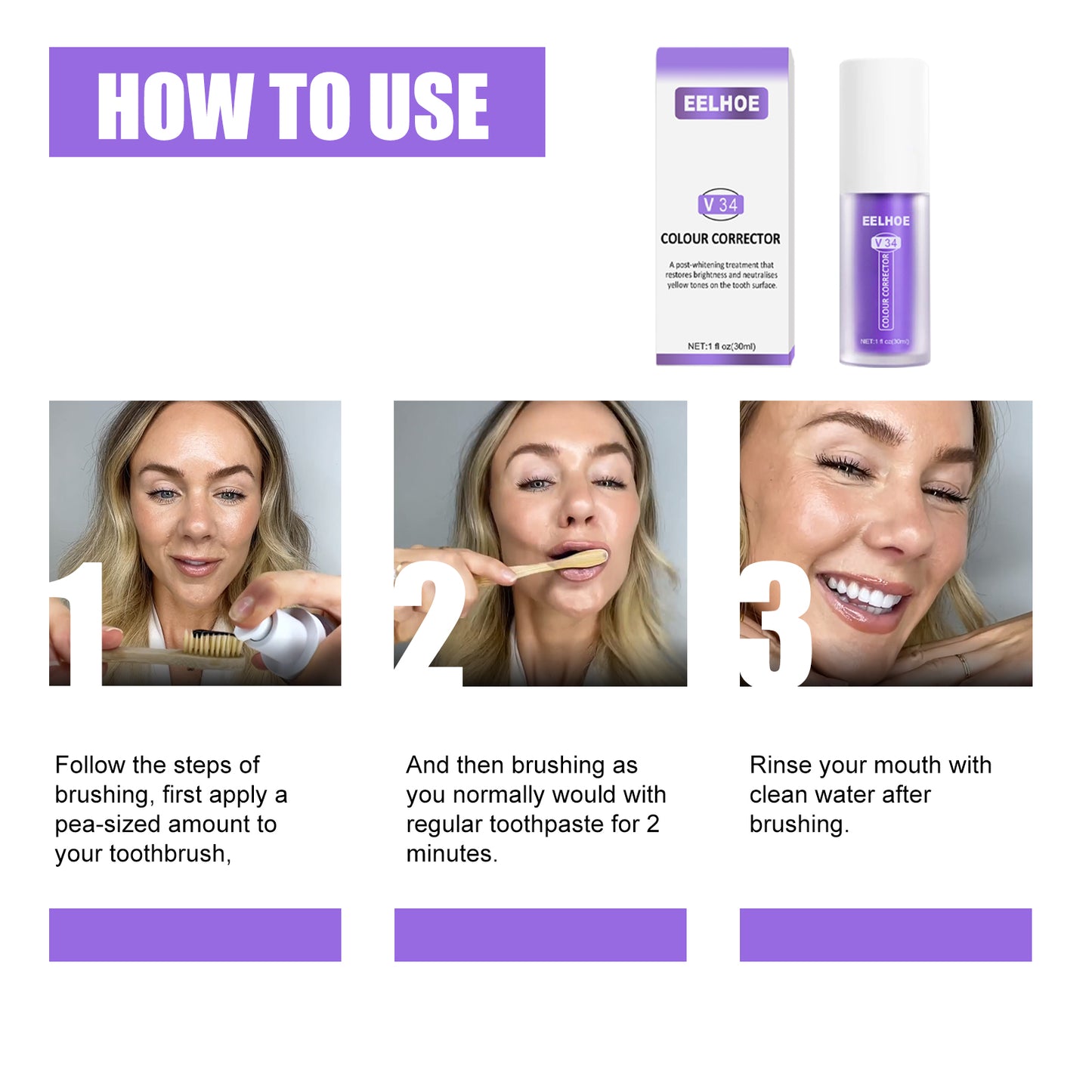 Fifuroes V34 Colour Corrector, Mouth Shine White Clean Stains Shine White Teeth Purple Toothpaste