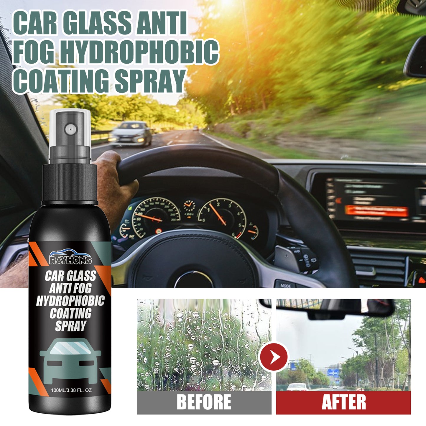 Fifuroes Car Glass-Anti Fog Hydrophobic Coating Spray, Rearview Mirror Windshield Cleaner Stains Hydrophobic Water Spray Antifogging Agent