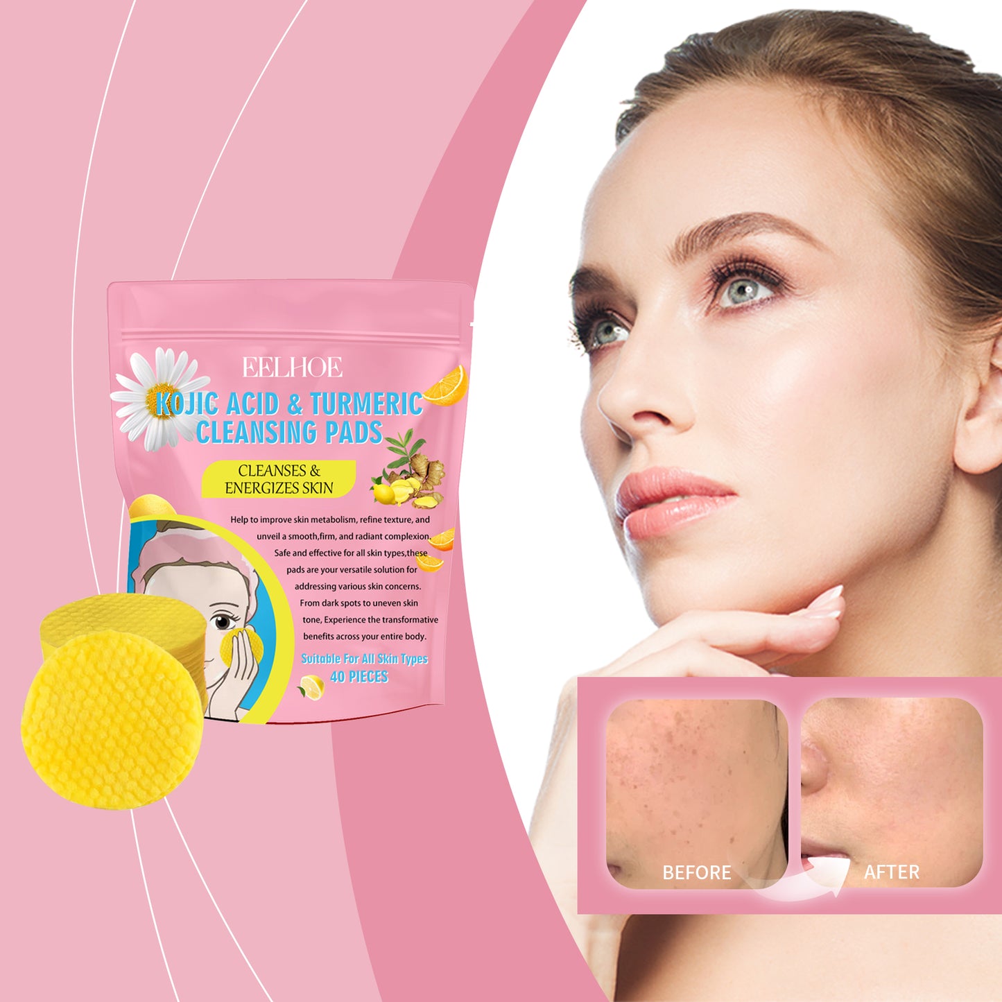 Fifuroes Turmeric Acid Cleansing Pad Gently Cleanses Skin, Lightened Acne Face, Brightened Pores