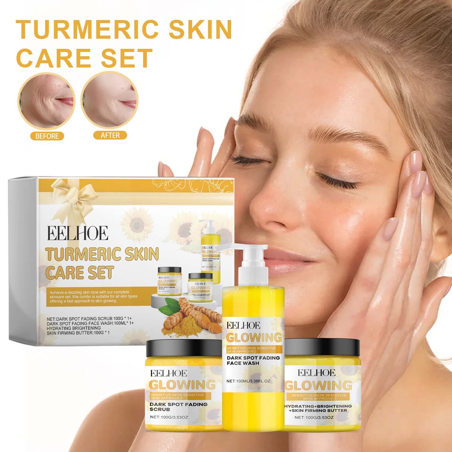 Fifuroes Turmeric Skin Care Set Hydrating Moisturizing Cleanser Refreshing Oil Control Subtle Lines Nourishing Cleansing Set