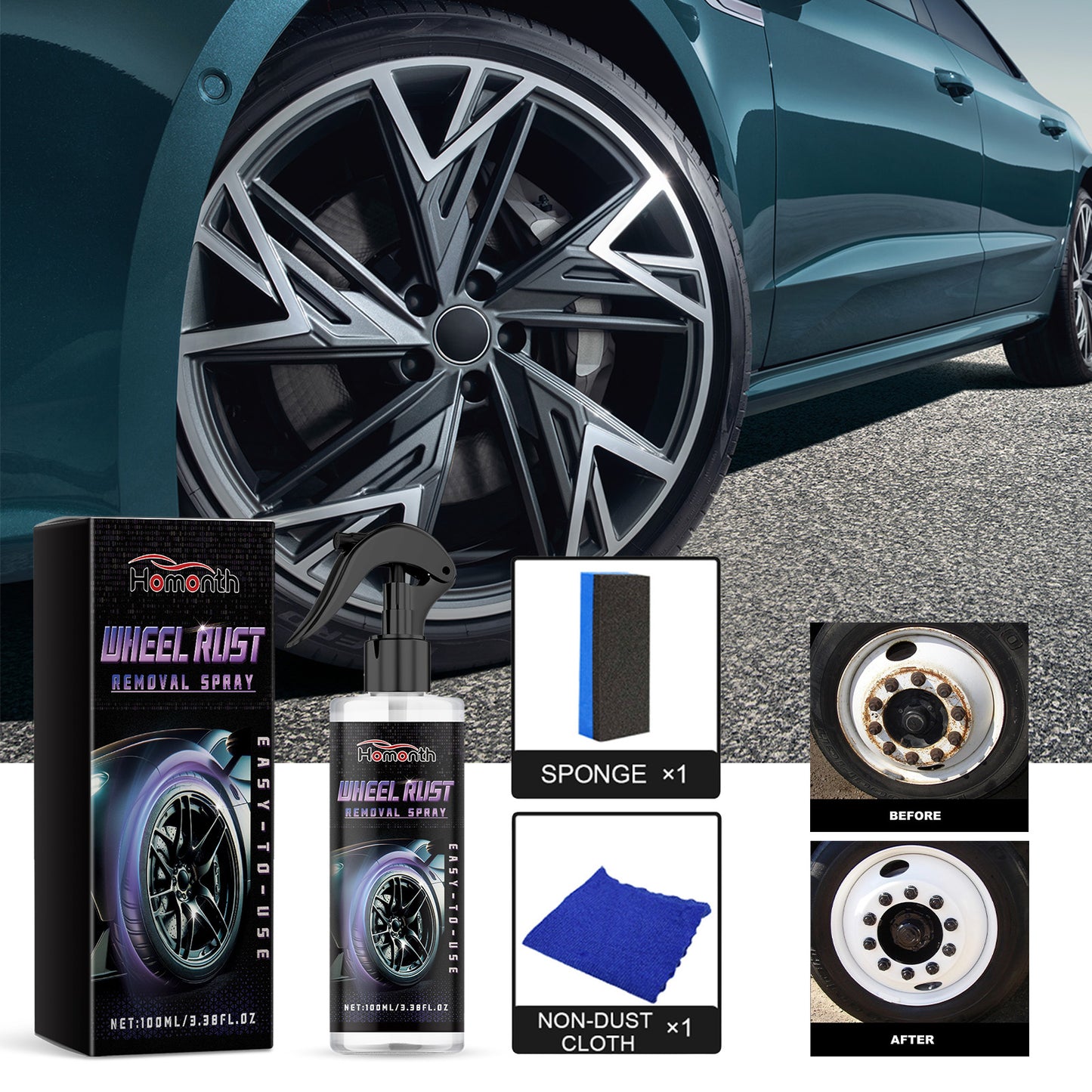 Fifuroes Wheel Rust Removal Spray, Automobile Tire Wheel Rust Cleaning Rust Removal Renovation Decontamination Brightener