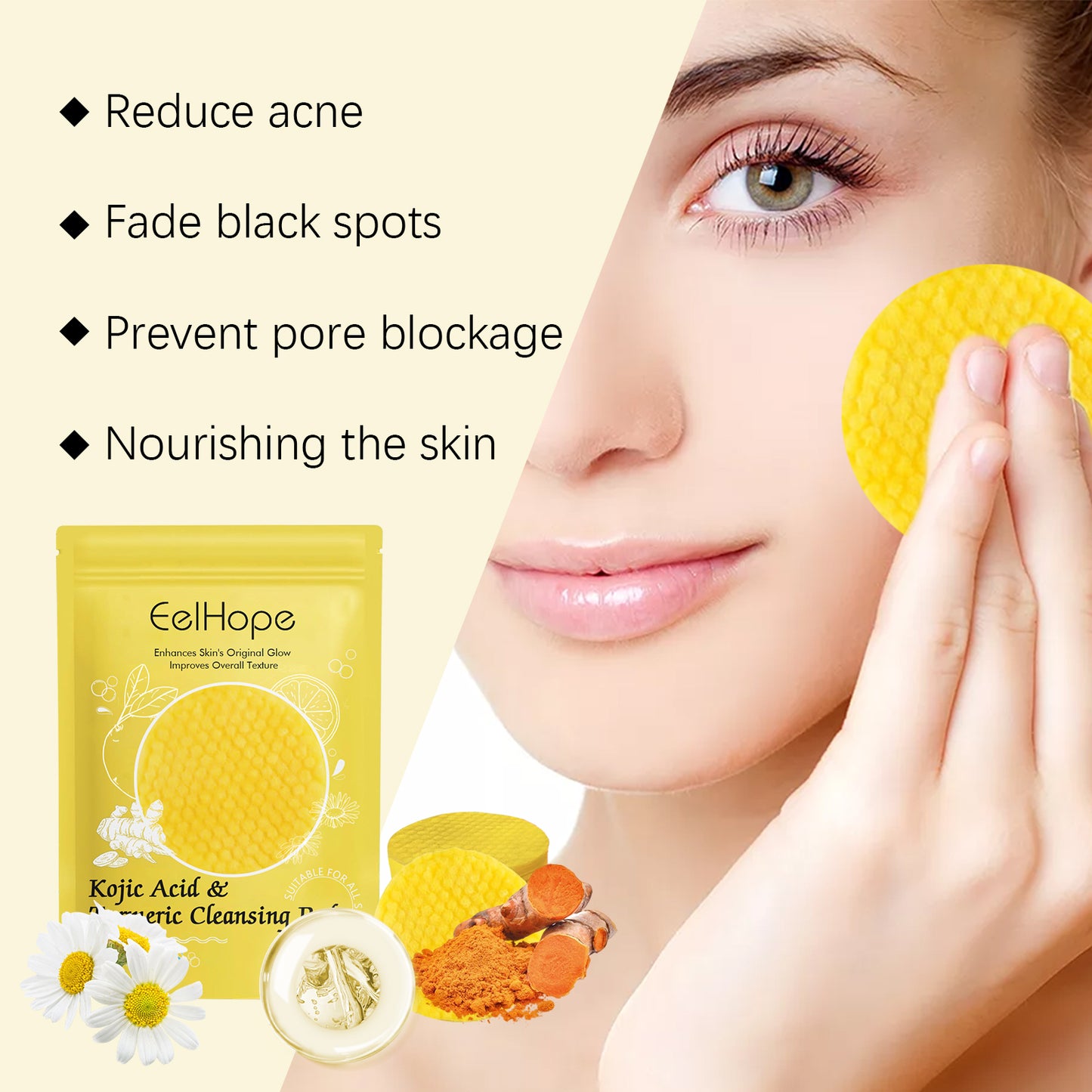 Fifuroes Turmeric Acid Cleansing Pad Facial Gentle Cleansing Moisturizing Refreshing Skin Care Cleansing Pad
